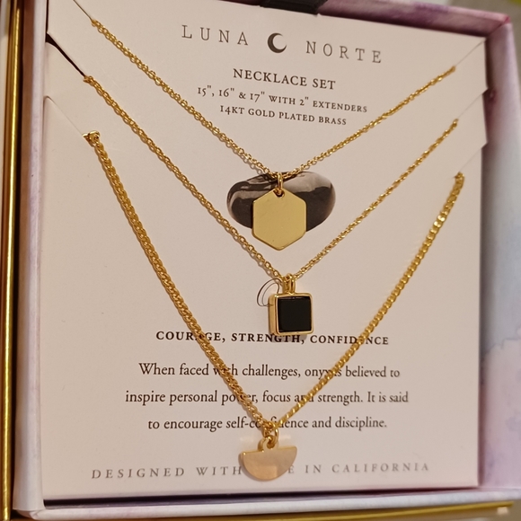 3 NECKLACES LUNA NORTE HEALING GEMSTONE BLACK ONYX PENDANT GEOMETRIC NECKLACES - Picture 6 of 7